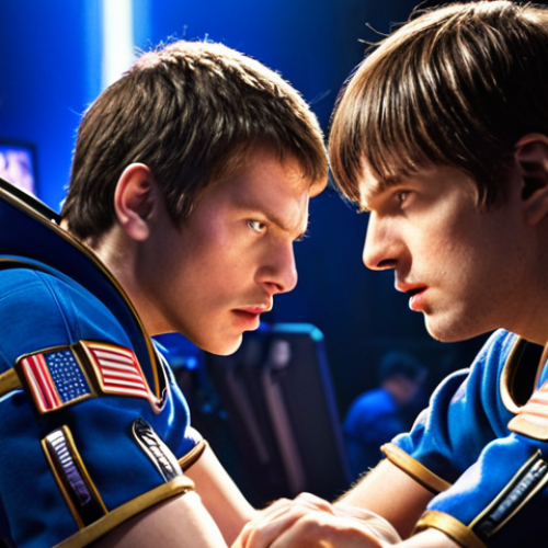 Home 19 **Intense StarCraft 2 match scene:** Focus on the faces of two determined players during a crucial moment in a StarCraft 2 tournament. Capture the mental strain and concentration. Backlighting could add drama. Include gaming peripherals and sponsor logos subtly.