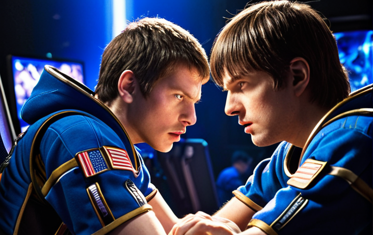 **Intense StarCraft 2 match scene:** Focus on the faces of two determined players during a crucial moment in a StarCraft 2 tournament. Capture the mental strain and concentration. Backlighting could add drama. Include gaming peripherals and sponsor logos subtly.