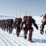 **Image:** A group of Terran Marines, heavily armored and ready for battle, stimpacking towards a swarm of Zerg Zerglings on a snow-covered battlefield reminiscent of a Swedish winter landscape. The image should emphasize the Marines' gritty determination and the overwhelming number of Zerglings.