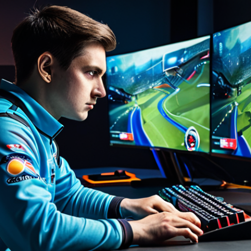 Home 8 A focused professional esports player, adult, of ambiguous gender, sitting intensely at a modern gaming desk. They are wearing a modest, professional esports jersey, fully clothed, professional dress. The background shows a dimly lit, high-tech gaming setup with multiple screens displaying complex game interfaces and strategic maps. The player's expression conveys deep concentration and strategic thinking, natural pose. Perfect anatomy, correct proportions, well-formed hands, proper finger count, natural body proportions. The image captures a high-stakes, intense mental duel moment. High quality, professional photography, appropriate content, safe for work, family-friendly.